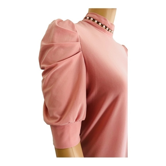 AUW pastel pink top S short ruched sleeves turtleneck faux pearl detail buttons - Picture 3 of 12